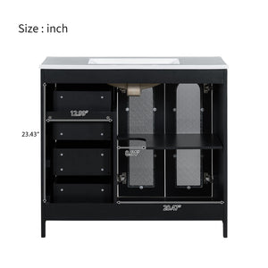 English Elm 36-inch ceramic basin vanity with patterned glass doors, gold round handles & ample storage drawers Black N729P184710B