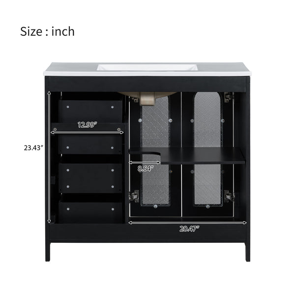 English Elm 36-inch ceramic basin vanity with patterned glass doors, gold round handles & ample storage drawers Black N729P184710B
