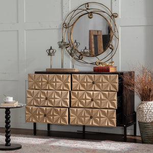 English Elm Solid Wood Sideboard With Geometric Design - 6 Drawer Mid Century Modern Storage Cabinet For Home Decor W3158P351692-GIGA