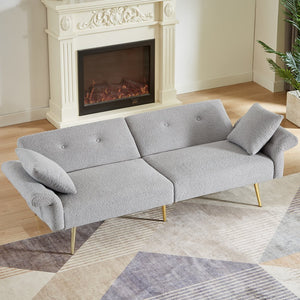 English Elm Modern Teddy Upholstered Loveseat Sofa Bed with Adjustable Backrest, Foldable Armrests & Gold Legs Grey W1117P303446