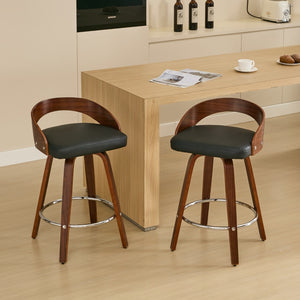 English Elm Bar Stools Set of 2 Mid-century Swivel Walnut Wood Frame with Cushioned Seat Black Pu W1143P173431