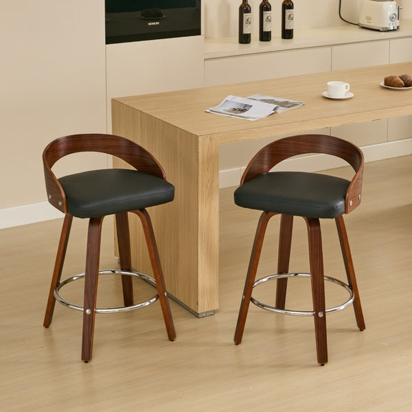 English Elm Bar Stools Set of 2 Mid-century Swivel Walnut Wood Frame with Cushioned Seat Black Pu W1143P173431