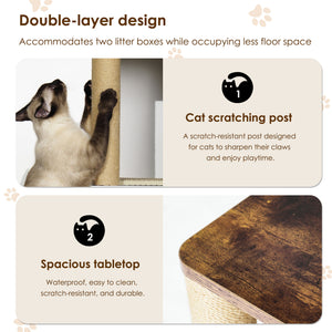 English Elm Double Cat Litter Enclosure Cabinet for Two Cats with Scratching Post, Dual Tray Storage, White Vintage W1687P221394