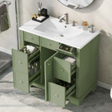 English Elm 36" Bathroom Vanity With Sink, One Cabinet With Three Drawers and One Flip Drawer, Solid Wood and Mdf Board, Green