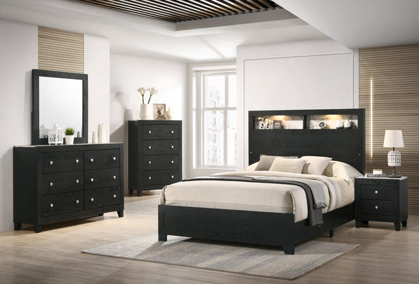 English Elm 1pc King Size Panel Bed with LED Backlit High Headboard and Built-in Shelving for Luxe Storage Black,White 82.4 L x 31.77 W x 5.94 H B2741P330100