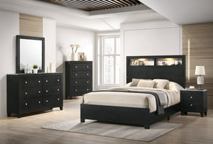 English Elm 1pc Queen Size Panel Bed Headboard with LED Lighting, Sleek Sloping Design and Built-In Shelves for Storage and Ambiance Black,White 66.65 L x 31.77 W x 5.94 H B2741P330088