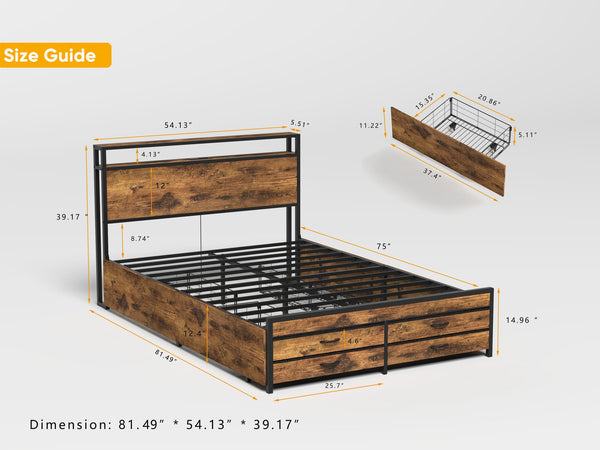 English Elm Full Size Bed Frame with 8 Drawers, LED RGB Headboard, USB Charging Station, Sturdy Metal Platform, No Box Spring Needed W2129P269874