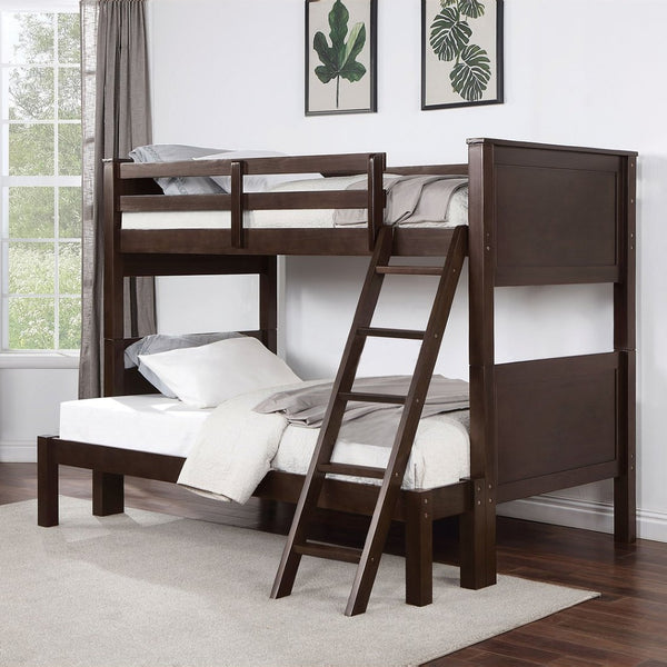 English Elm Transitional Twin Over Full Bunk Bed With Footboard Ladder - Walnut Finish For Space-Saving Comfort B2741S00321-GIGA