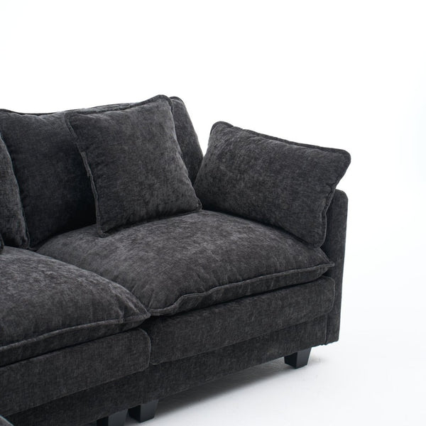 English Elm Beige Chenille Sectional Sofa with Modular Ottoman for Living Room or Studio Black W2603S00006