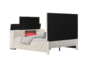 English Elm Encore Contemporary Tufted King Bed With Hidden Tv Compartment, Durable Wood Frame In Beige Elegance B009S01678