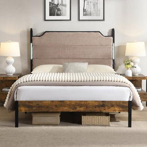 English Elm Queen Platform Bed Lamb Fleece Headboard Led Lighting Usb Charging Under Storage W311P416222