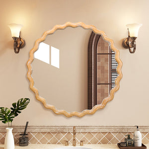 English Elm 27.5 Rustic Round Wavy Wall Mirror 27.5" Antique Natural Farmhouse Distressed Wood Frame Vintage Shine W2295P306932