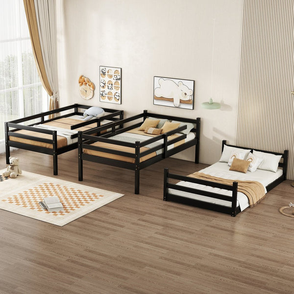 English Elm Triple Rubber Wood Bunk Bed with Built-In Ladders and Guardrails Maximizes Space for Families, Durable Design Black W504S00177