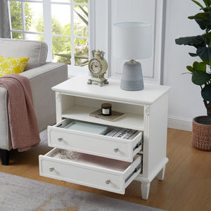 English Elm Open Dresser Nightstand with Charging Station and Open Shelf, 2 Drawers, Solid Wood Legs, Farmhouse Appeal White W1693P216932
