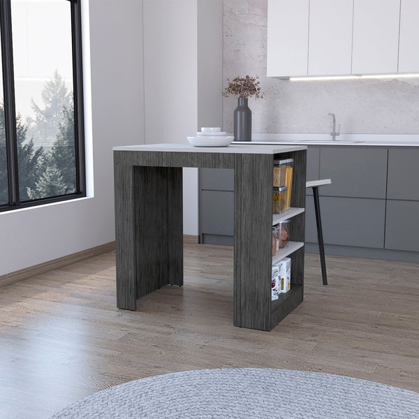 English Elm Harlan Counter Height Kitchen Island with 23.2"x36.2" Top, 3-Side Shelves, Smokey Oak Ibiza Marble Finish B128P176122