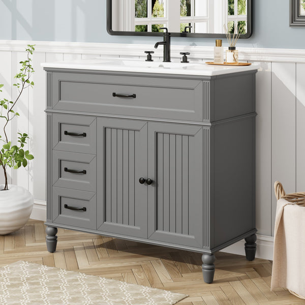 English Elm Christopher Knight Home® - 36" Bathroom Vanity with Sink - Freestanding Ceramic Top, Soft-Close Doors & Drawers, Robust Craftsmanship Grey N759P340019E