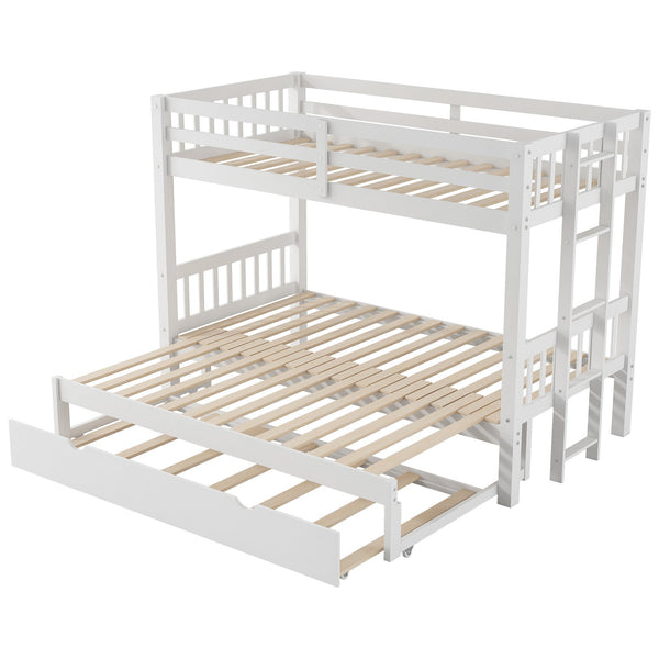 English Elm Twin over Pull-out Bunk Bed with Trundle and Wheels, Space-Saving Pine/MDF Frame Sleeps Four Crowd-Friendly Design White GX000301AAK