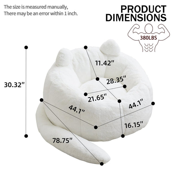 English Elm Cat-shaped Bean Bag Sofa with Sculptural Tail Armrest for Playful Living Spaces White W2311P457293