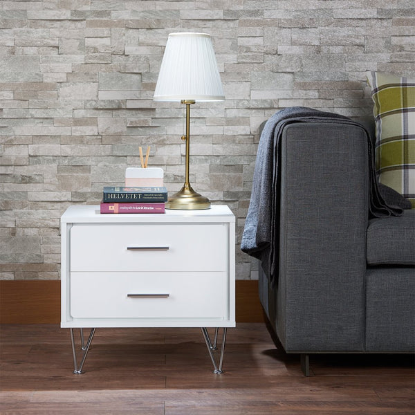 English Elm Deoss Modern White Accent Table with 2 Drawers, Chrome V-Legs, MDF Wood Frame, 40lb Top Capacity B2726P286621