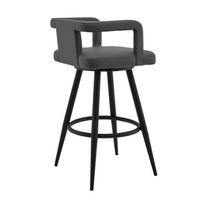 English Elm Calden 30" Gray Faux Leather Swivel Bar Stool with Padded Channel Back, Metal Frame & Footrest B2736P354386
