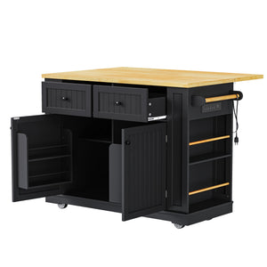 English Elm K&K 48in Kitchen Island Set with 2 Stools, Built-In Power Station, Drop Leaf & Ample Storage Space Black N707S000015B