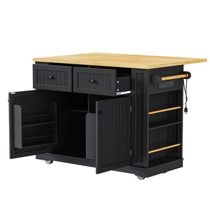 English Elm 48inch Kitchen Island Set with Bar Stools Drop Leaf Built in Power Station Mdf Storage Black N707S003015B