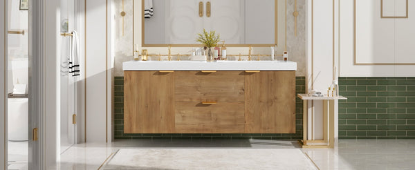 English Elm [video]59.3 Inch Wall Mounted Double Sink Vanity Wood Grain Mdf Soft Close Storage N729P000027N