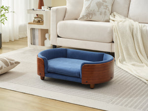 English Elm Scandinavian Elevated Pet Sofa Bed with Walnut Bent Wood Back, Velvet Stain-Resistant Fabric, Cozy Rest Dark Blue W794125923