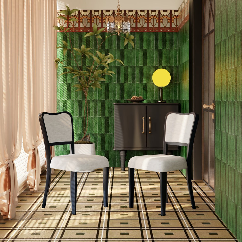 English Elm Black Walnut Finish Upholstered Dining Chairs Set of 2 — Beige Fabric, Thick Padded Seats, Ergonomic Curved Backrest, 250 lb Capacity N842P319127B