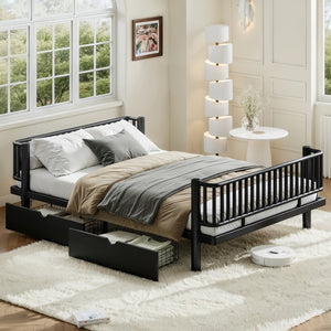 English Elm Queen Storage Platform Bed Low Profile Metal Frame with Built-in Drawers for Small Spaces Black W5305P471352