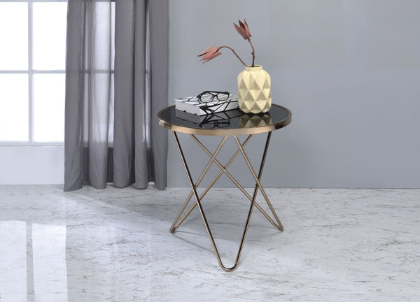 English Elm Valora Round Black Glass End Table with Champagne Overlapped V Metal Base, Sleek 40lb Capacity B2726P370414
