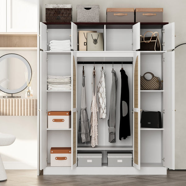 English Elm 70.87"tall Rattan Door Armoire Freestanding Wardrobe with Adjustable Shelves Hanging Rod White W757S00055