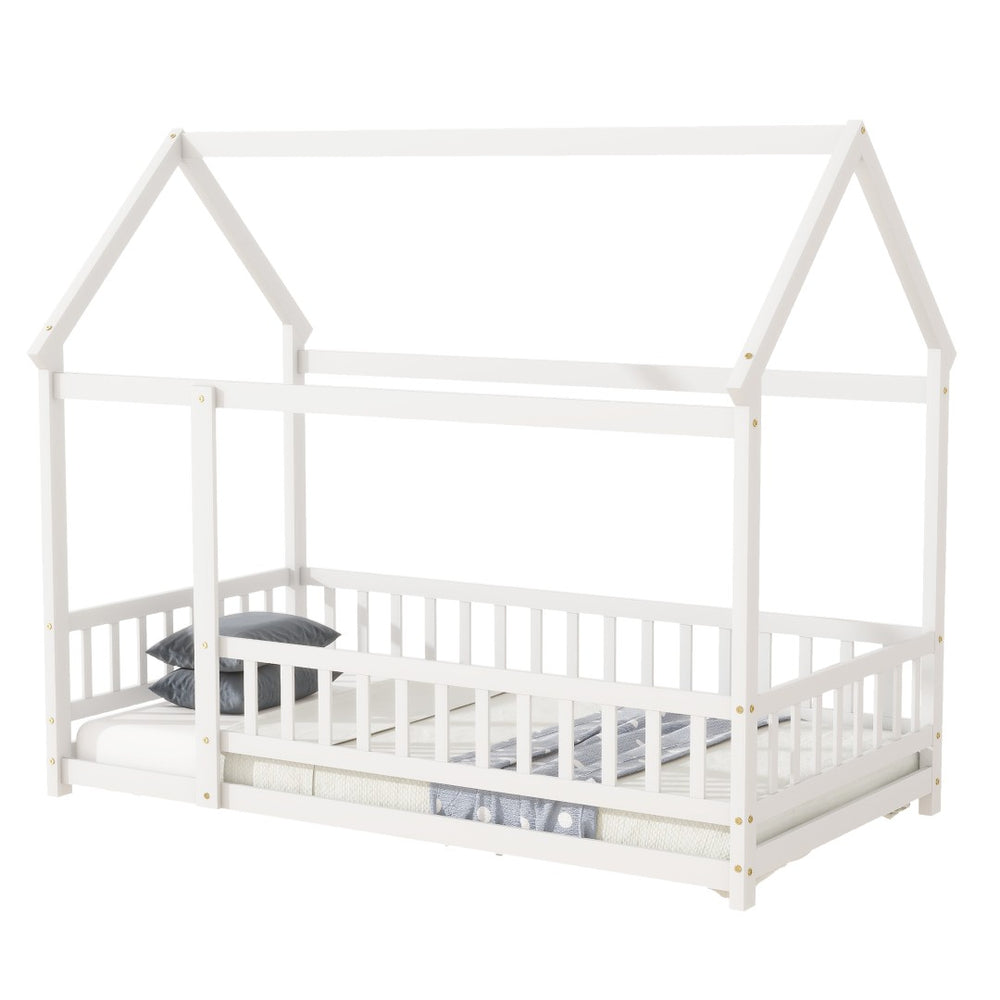 English Elm Twin House Bed Floor Frame Solid Rubberwood Guardrails Playhouse Nook for Kids W504P470124