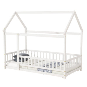 English Elm Twin House Bed Floor Frame Solid Rubberwood Guardrails Playhouse Nook for Kids W504P470124