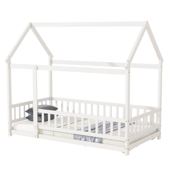 English Elm Twin House Bed Floor Frame Solid Rubberwood Guardrails Playhouse Nook for Kids W504P470124