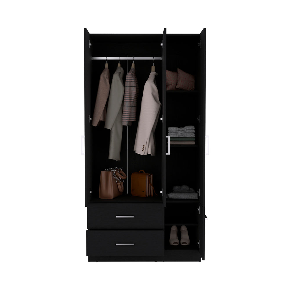 English Elm Sebree Tall Armoire Closet with Hanging Rod, Six Shelves and Two Drawers for Organized Storage Black 41.3 L x 22.8 W x 5.9 H B200S00379
