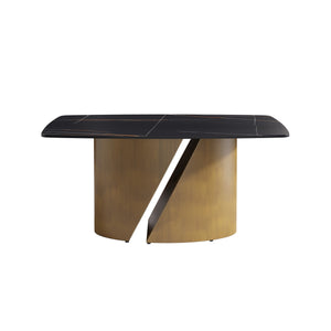 English Elm 63" Modern Sintered Stone Dining Table With Curved Black Panel And Bronze Iron Legs For 6-8 People W1535S00358