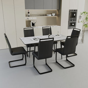 English Elm 47"-63" Expandable Dining Table Set Seats Six with Cushioned Chairs and Black Metal Legs W2189S00930