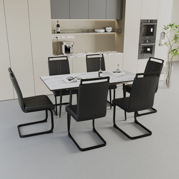 English Elm 47"-63" Expandable Dining Table Set Seats Six with Cushioned Chairs and Black Metal Legs W2189S00930