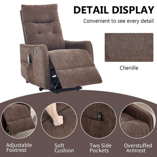 English Elm Beige Chenille Power Lift Recliner with Massage Heat and Usb for Senior Comfort Brown W1803P369080