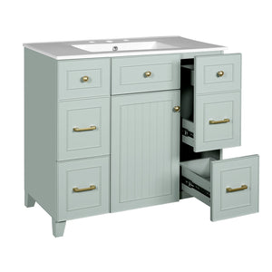 English Elm 36" Green Bathroom Vanity with Ceramic Sink, Gold Handles, Soft-Close Drawers & Adjustable Shelf N729P257304F