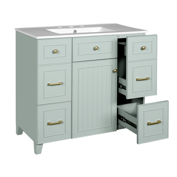English Elm 36" Green Bathroom Vanity with Ceramic Sink, Gold Handles, Soft-Close Drawers & Adjustable Shelf N729P257304F