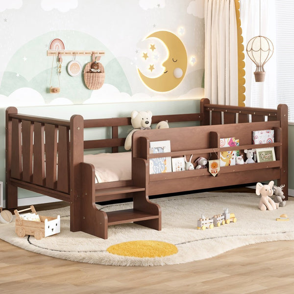 English Elm Twin Pine Floor Bed for Kids with Side Bookcases Built-in Stairs and Safety Guardrails Natural W1580P390215