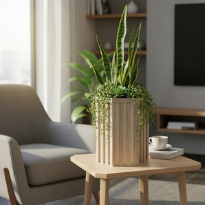 English Elm Hexagon Column Aluminum Planter Geometric Outdoor Pot with Wood Tone Powder Coat Finish Ash Brown B2755P462183