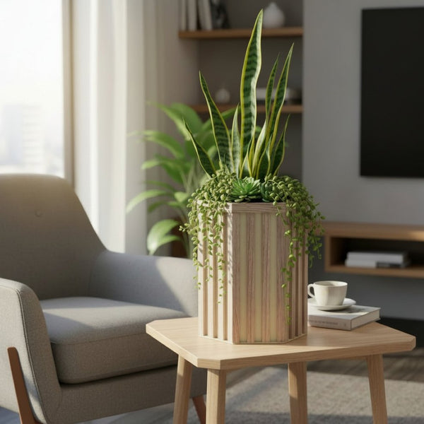 English Elm Hexagon Column Aluminum Planter Geometric Outdoor Pot with Wood Tone Powder Coat Finish Ash Brown B2755P462183