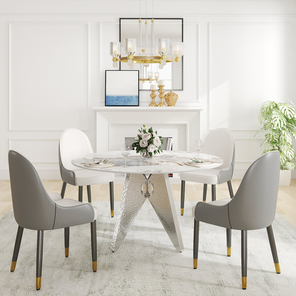English Elm 53" Round Marble Dining Table - Sleek White Sintered Stone & Silver Stainless Base For 6 People Dining W1535S00461