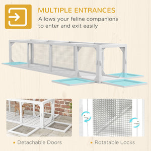 English Elm PawHut Extendable Outdoor Cat Tunnel 79" Wooden Catio Run with Weatherproof Mesh, Multi-Entry White+Black W2225P200586