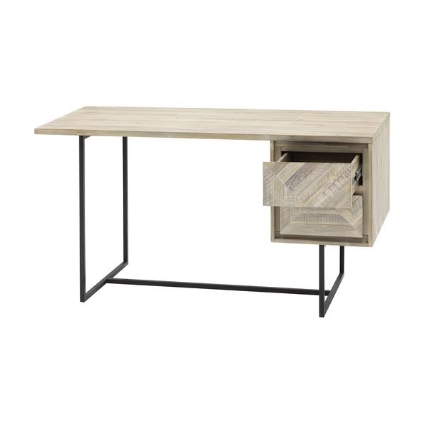 English Elm Yaluna 2 Drawer Desk Natural Acacia Wood with Geometric Inlay, Durable Hardwood, Ample Storage, 58” B2736P354391