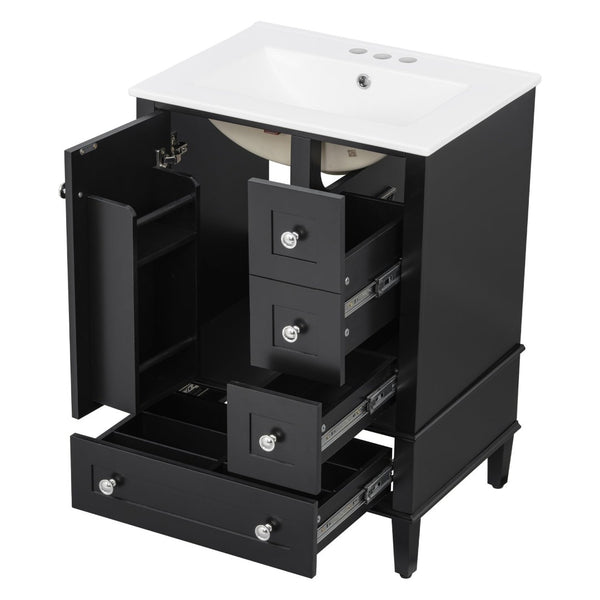 English Elm 24-inch Matte Bathroom Vanity Rubberwood Cabinet with Ceramic Sink and Soft-close Drawers Black N729P377516B