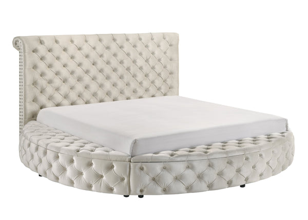English Elm Luxurious Round Queen Bed with Velvet Tufted Headboard, Studded Accents and Hidden Storage Space Ivory 54.75 L x 95.25 W x 8.25 H B011S01647